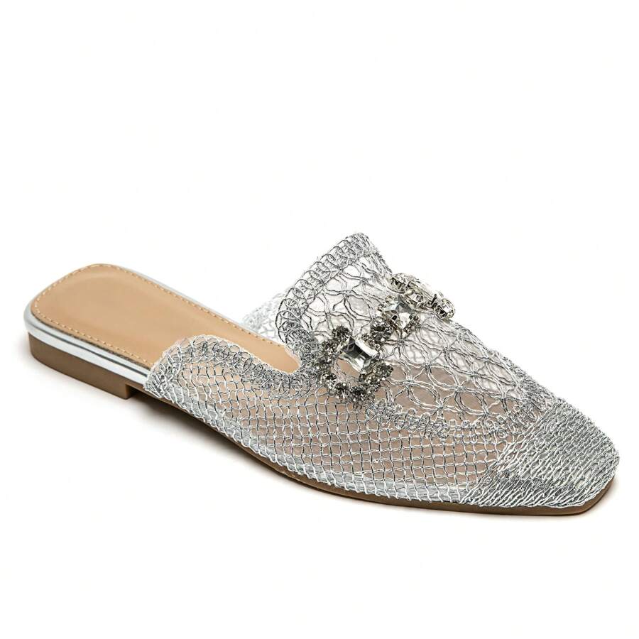 Women's Fashionable & Elegant Crystal Decorated Flat Sandals, Summer - Silver - View 1