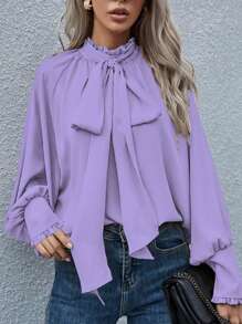 Women's Elegant Solid Color Ruffle Trim Lantern Sleeve Loose Blouse, Suitable For Daily, Office, Commuting Wear - Lilac Purple - View 4