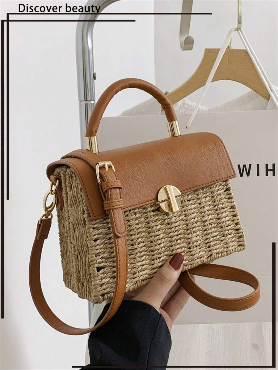 1pc New Straw Woven Shoulder Bag For Women, Bohemia Style, Vacation Travel Beach Tote Handbag With Flap And Lock, Versatile For Daily Use And Holiday - Khaki - View 1