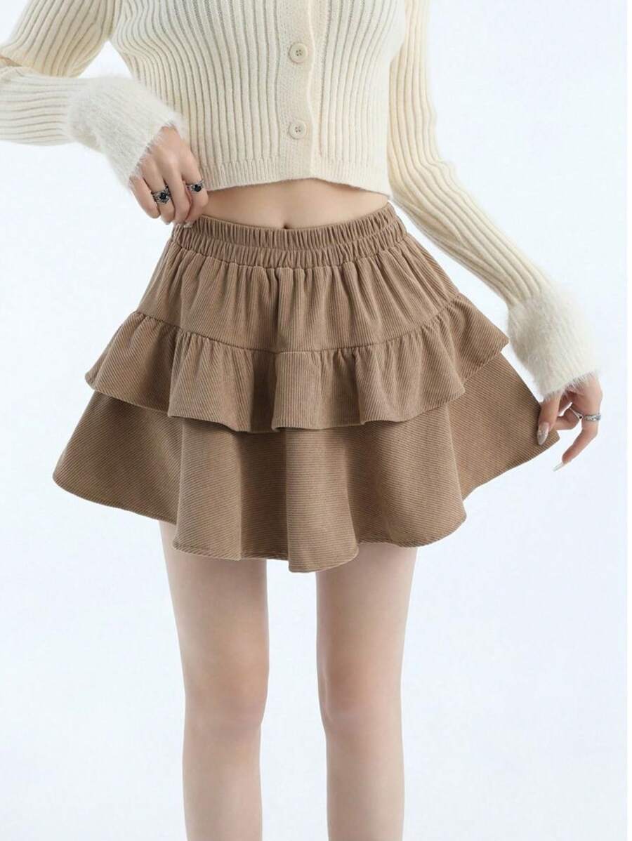 Corduroy Skirt With Tiered Ruffle Design - Màu Khaki - Xem 1