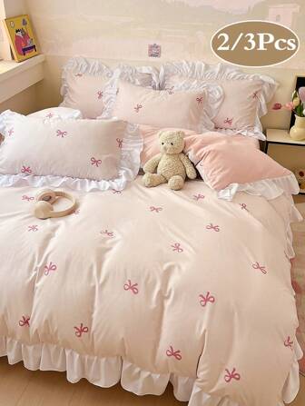 2/3pcs Set Ruffled Waterproof Fiber Duvet Cover And Pillowcase With Butterfly Print Bedding (Excludes Filler), Contrast Color Modern Bedding Suitable For Bedroom, Student Dorms, Single, Double Beds, All Season,Fall Decor,Autumn Decor,Room Decor