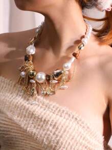 1pc Natural Wood & Coconut Shell Beaded Necklace, Casual Fashion Accessory For Women, Suitable For Beach, Daily Wear - Coffee - View 1