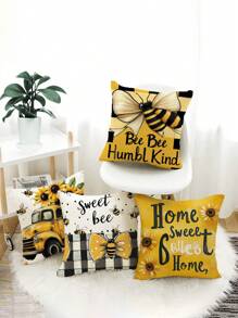4pcs Sunflower & Bee Themed Pillow Covers, 17.7*17.7 Inch (Without Fillings), Fabric Home Decor Sofa Cushion Cover, For Home, Living Room, Holiday Decoration