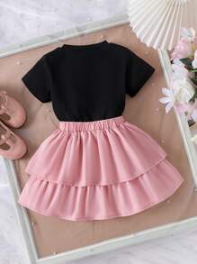 2件套幼儿女童可爱休闲短袖T恤+裙子套装，轻薄夏季校园风 - 黑色 - 查看 2