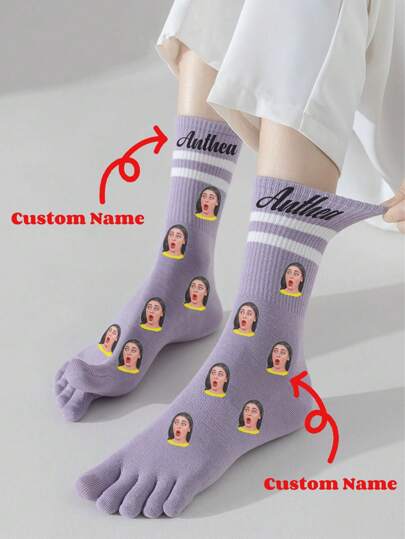 1pc Women's New Style Five Finger Socks, Mid-Calf Socks For Spring/Autumn, Toe Separation Long Socks, Non-Slip Sports Socks, Customized Personalized Text/Pattern