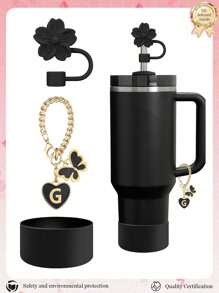3pcs Accessories Designed For 30-40oz Cups, Pink Letter Cup Marker & Silicone Hibiscus Flower Straw Caps, , Reusable Straw Caps For 10mm Large Diameter Straws, Cute LetterStanley AccessorySelf-Adhesive Chenille Letter,Cup Accessories.Compatible With Stanley Backto School /Beach Essentials