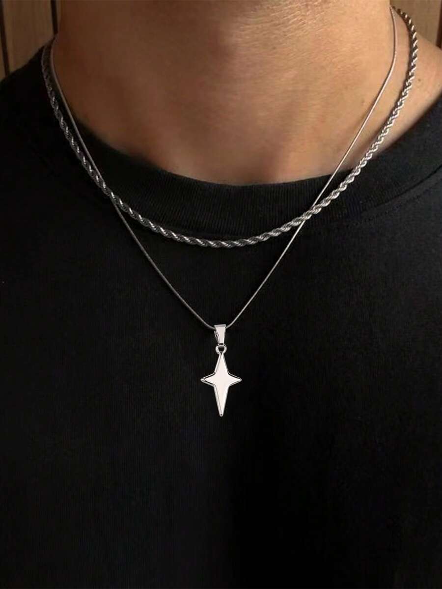 2pcs/Set Stainless Steel Necklace For Men, Hip Hop Double Layer Star Pendant Necklace Set With Gift Box - Silver - View 1
