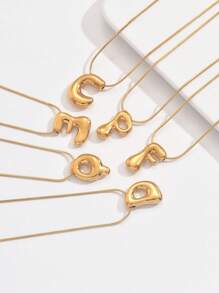 Golden Color Stainless Steel Initial Necklace For Women Girls Chunky Bubble Letter Pendant Necklaces Collar Jewelry Gift
