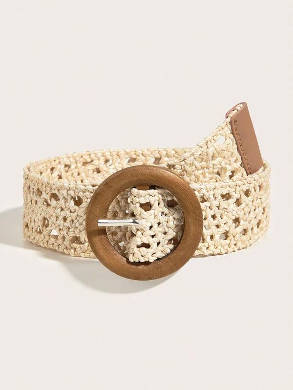 فستان متوسط الطول من القش المنسوج الجديد من البولي بروبلين بلون بيج مع إبزيم خشبي مزين، يشكل الخصر، مناسب للارتداء اليومي في الصيف والمدرسة والخريف وعيد الهالوين