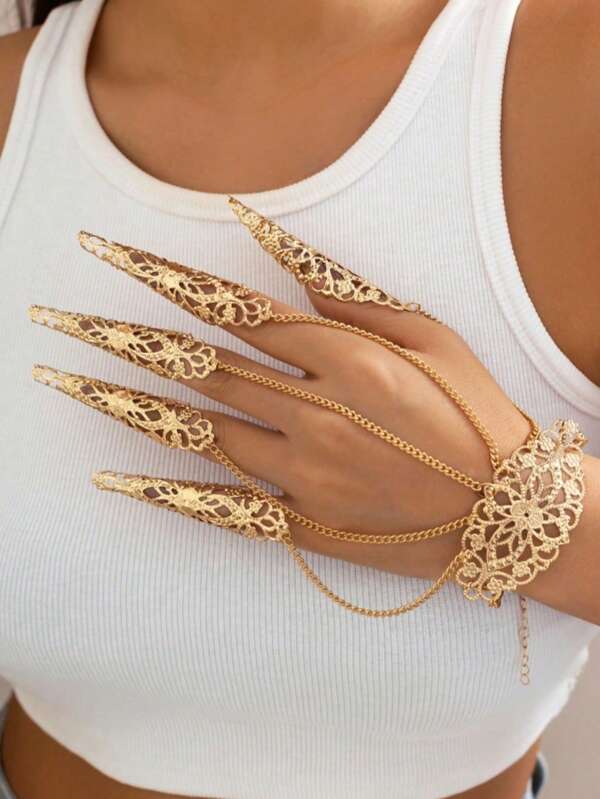 1pc Gothic Style Monster Finger Chain Punk Spike Nail Finger Ring Bracelet