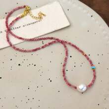 1pc Boutique French Romantic Elegant Collarbone Necklace With Red Stones And Pearl Beaded Chain, Versatile Choker For Spring & Summer