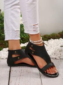 2025 Summer Outdoor Solid Color Comfortable Patchwork Zipper Back Flat Plus Size Women Roman Sandals