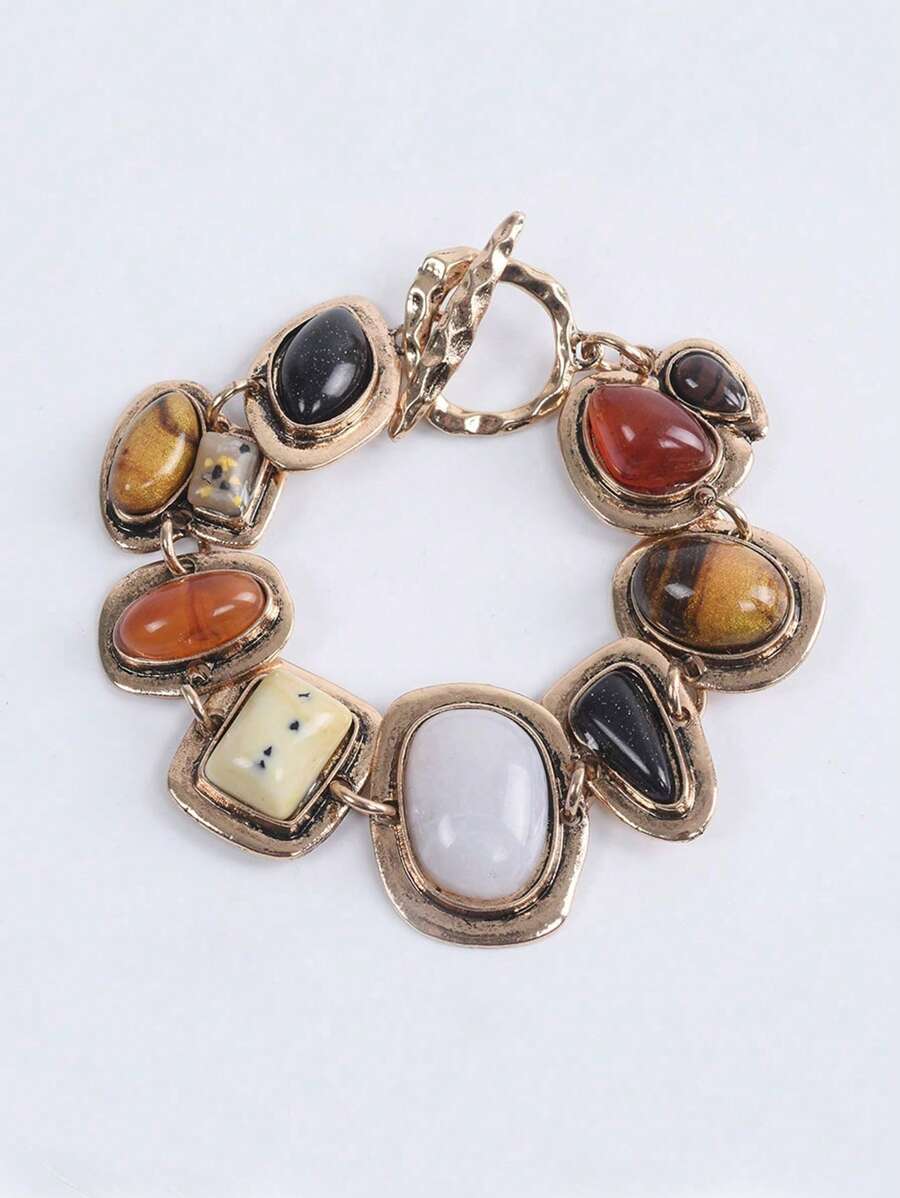 1 件波西米亚复古风格女士时尚镂空金属链饰树脂个性手链（随机树脂颜色） - 彩色 - 查看 1