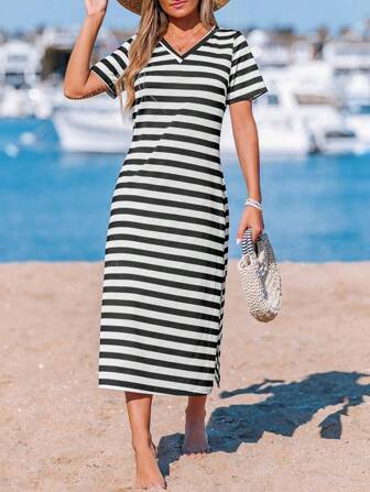 Casual dames gestreepte jurk, zomeroutfit, muziekfestivaljurk, elegante paasjurk met splitzoom