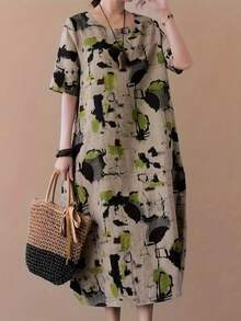 Summer Outfits For Women Elegant Casual Chic MIDI Skirt With Bright Abstract Print - Short Sleeve, Round Neck, Machine Washable, Perfect For Spring, Summer And Fall Events