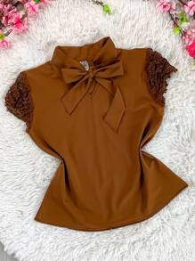 Women's Short Sleeve Evangelical Lace Blouse With Bow - Brown - View 1