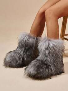 Women's Furry Faux Fur Boots Fuzzy Fluffy Mid Calf Snow Boots Suede Warm Fur Lined Booties Flat Fashion Boots
