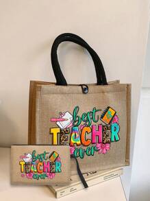 Túi tote vải lanh in hình chữ cái dành cho giáo viên - Có hình bút, sổ tay và họa tiết hoa, túi lớn kèm túi nhỏ, túi mua sắm phối màu kaki, quà tặng Ngày Nhà giáo, túi xách vải lanh cỡ lớn dành cho nữ. - Màu Khaki - Xem 9