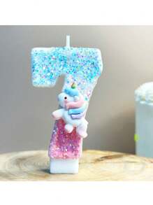 1 bunter Einhorn Kerze, blaue rosa digitale Kerze mit Pailletten, digitale 0-9 Geburtstagkerzen, geeignet für Geburtstagskuchen Dekoration, geeignet für Einhorn Themen Kuchendekorationskerzen, reine handgemachte DIY Kuchendekoration, die Position der kleinen Pailletten ist leicht unterschiedlich