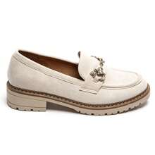 Women's Flat Loafers | Thick Sole Design, Decorated With Chain - Beige - View 3