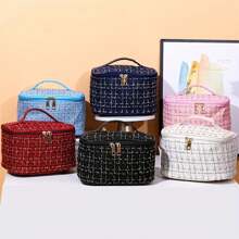 1 Large Capacity Travel Makeup Storage Bag, Stylish Portable Hand Held Toiletries Storage Bag, Made Of Polyester Material, With Double-Layer Zipper Compartments, Suitable For Home And Outdoor Travel Bags Summer Travel, Vacation