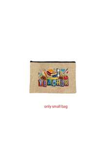 Bolso de mano de lino con estampado de patrones temáticos de maestros, bolso grande con bolso pequeño, con diseños de colores contrastantes que presentan patrones de útiles escolares, libros y artículos de papelería
