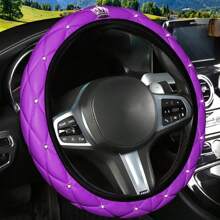 1pc Bling Rhinestone PU Leather Soft & Comfortable Car Steering Wheel Cover, No Inner Lining