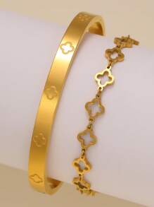 Elegant Luxury 4-Leaf Clover & Flower Dual-Purpose Bracelet Bangle Set, Stainless Steel For Women, Versatile Styling And Gift - Yellow Gold - View 15