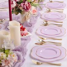 50PCS Purple Plastic Plates-Heavy Duty Lavender Purple Disposable Plates-Purple And Gold Plastic Plates - 25PCS Purple Dinner Plates,25PCS Purple Dessert Plates For Easter&Baby Shower Gifts - 淺粉色 - 查看 6