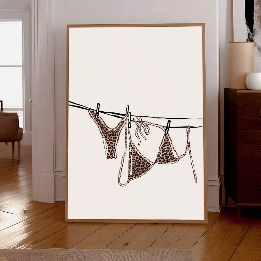 1幅比基尼女孩洗衣场景帆布印刷海报，豹纹比基尼夏季装饰，适用于卧室、客厅、公寓、宿舍，墙面艺术礼品，可选择无框或有框。 - 彩色 - 查看 1