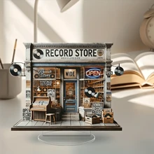 1 件亚克力复古唱片店亚克力桌面装饰，2D 平面，迷人的复古音乐商店展示，配有黑胶唱片和转盘，非常适合客厅、卧室、办公室 - 情人节、母亲节、乔迁和新年，是音乐室装饰的完美礼物