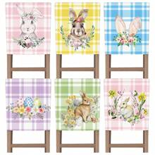 6Pcs Easter Chair Cover Watercolor Bunny Flower Eggs Easter Chair Back Covers Rabbit Spring Decorative Case Buffalo Plaid Farmhouse Decorations For Kitchen Wedding Party Decor