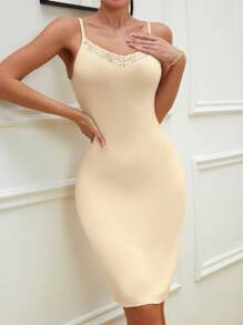 Women's Sexy Lace Solid Color Spaghetti Strap Elastic Soft Comfortable Bodycon Dress - Apricot - View 3