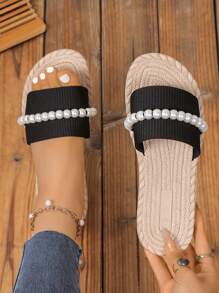 女士时尚沙滩拖鞋，系带褶皱鞋面露趾加大码，适合户外度假休闲 - 黑色 - 查看 1