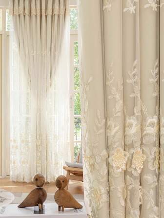 1 件优质刺绣双层薄纱遮光窗帘，雕花刺绣蕾丝透明窗板，适用于卧室、客厅