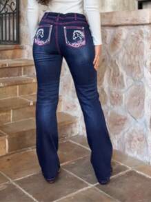 Women Horse Embroidered Flared Jeans With Retro Fade, Western-Inspired - Medium Wash - View 4