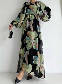 Vestido elegante y modesto con cuello redondo, mangas farol y estampado floral para mujer