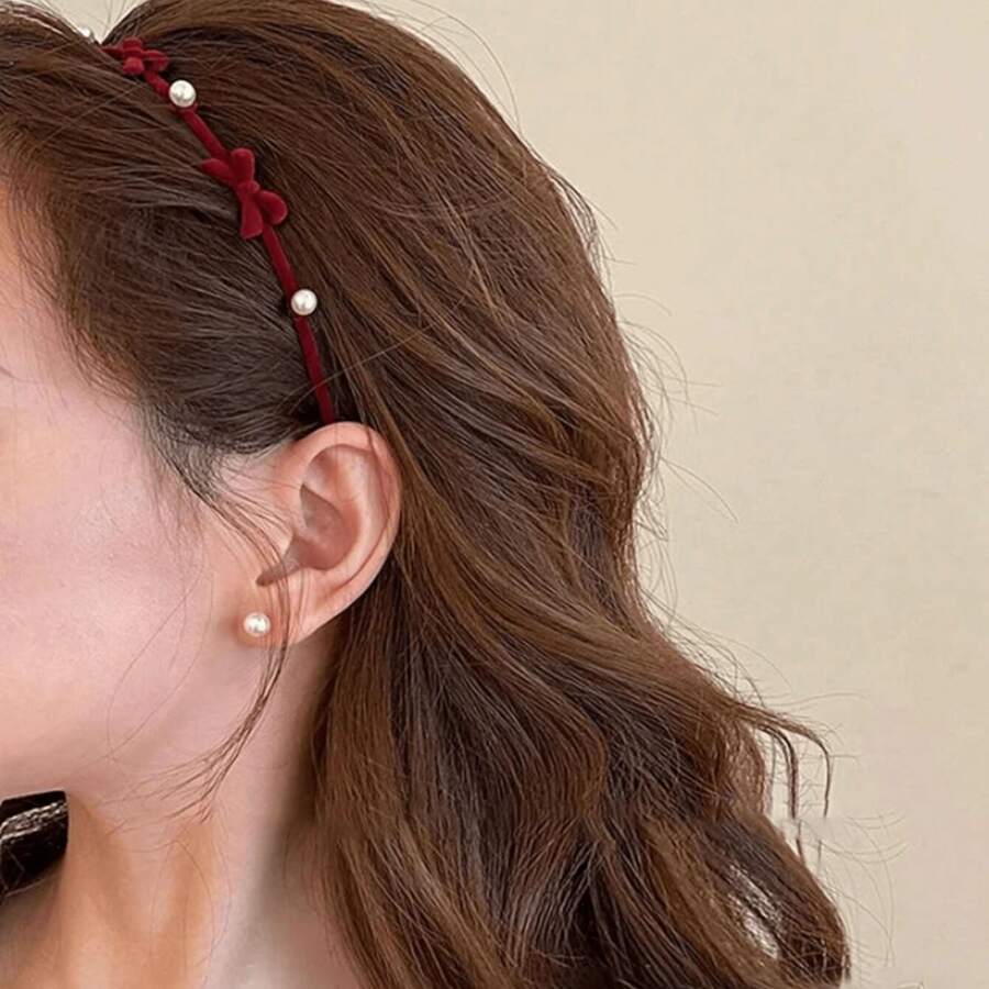 1pc Women Solid Color Flocked Alloy Metal Bow Pearl Edge Bow Headband, Elegant Sweet Campus Match, Suitable For Party, Ball, Daily Wear, Autumn/Winter