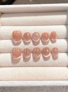 10Pcs/Pack Handmade Short Press-On Nail Strips With Gold French Tip, Cat Eye Design, Quick Nail Art Press On Nails Nail Supplies Nails