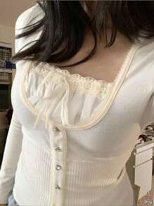 Women's Y2K Fairycore Shirt Top Vintage Lace Trim Square Neck Long Sleeve Button Down Ribbed T Shirts Tops Solid Color Slim Fit Tees Summer Blouses Casual Going Out Tops Aesthetic Clothes Streetwear - 白色 - 查看 2