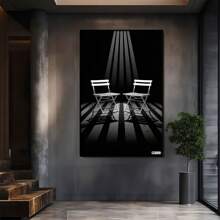 Deux chaises projetant des ombres sur un sol rayé noir et blanc. Grande peinture murale encadrée en bois, décoration d'intérieur, peinture à l'huile - Chambre, salle de bain, salon, bureau, cuisine, cadeaux de Noël - 1 pièce