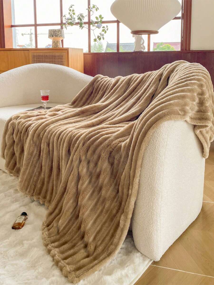 1 件咖啡色蓬松卷边休闲毯，超柔软传统法兰绒珊瑚绒毛毯，适用于沙发、办公室、卧室、旅行和露营，全年多用途 - 咖啡棕 - 查看 1