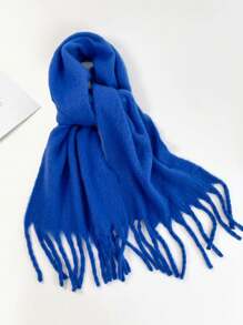 1pc Women's Fuzzy Long Scarf With Tassel For Winter Solid Sky Blue Color Big&Thick WrapOversize Warm Blanket Scarf - Blue - View 2