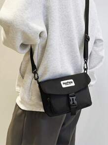 男士时尚单肩斜跨包 港风休闲翻盖款式 撞色字母布标装饰 带扣设计 个性单肩斜跨方包 - 彩色 - 查看 1