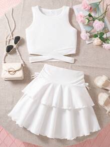 2 件套 女童纯色背心和蛋糕迷你裙 - 白色 - 查看 1