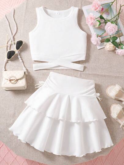 2 件套 女童纯色背心和蛋糕迷你裙
