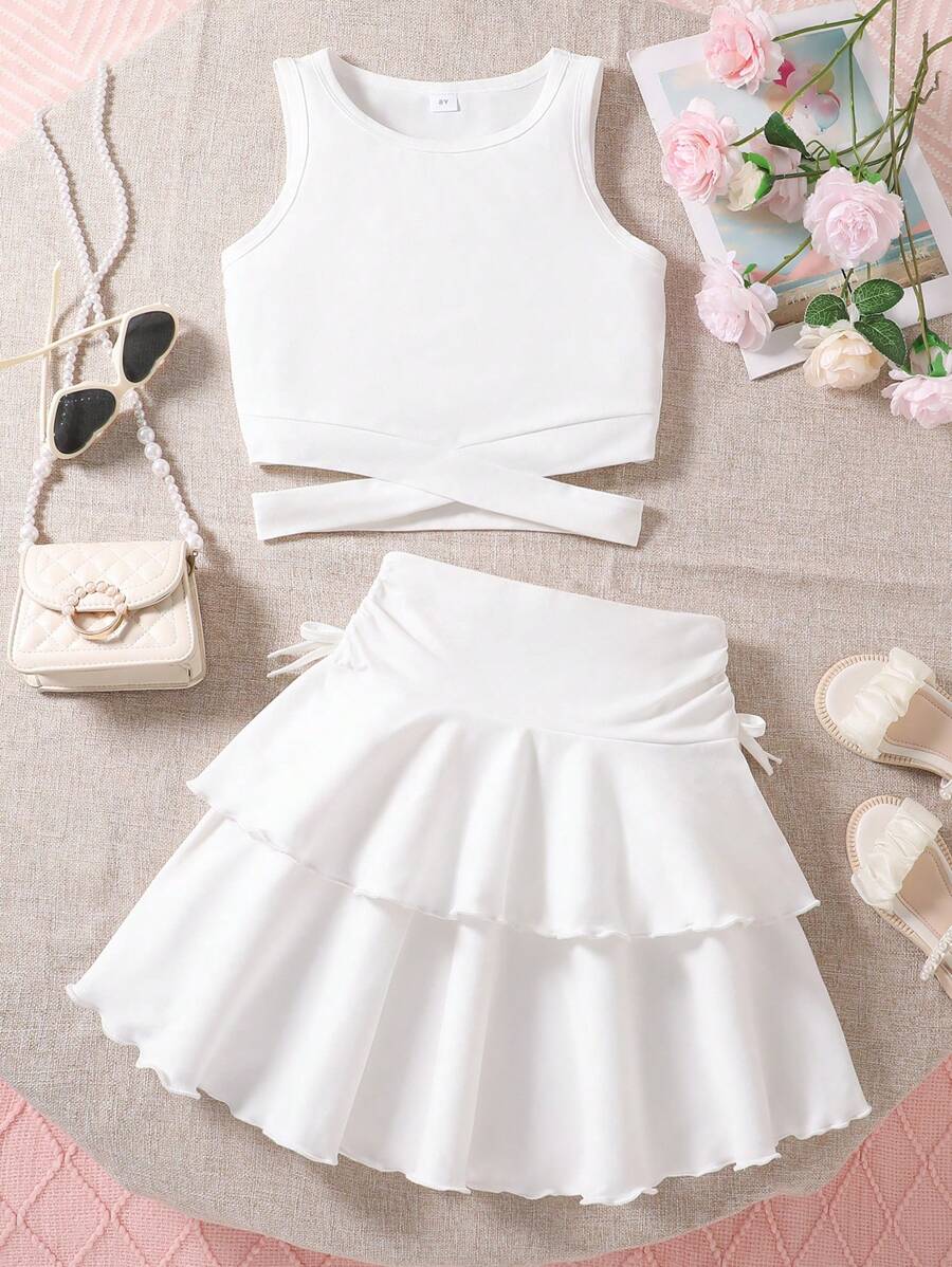 2 件套 女童纯色背心和蛋糕迷你裙 - 白色 - 查看 1