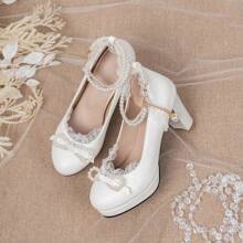 Tacones altos de mujer tipo Lolita con plataforma impermeable, perlas, lazo y tacón grueso hueco