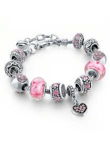 1 件粉色心形吊坠手链复古波西米亚风格女士手链，锌合金串珠饰物，带粉色心形吊坠，可调节蛇链，适合日常佩戴和送礼 - 手鍊 - 查看 12