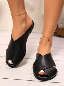 Women's New Criss-Cross Strap Flat Casual Versatile Black Comfortable Slippers, Solid Color Simple Style, Elegant Minimalist Design Suitable For Dates